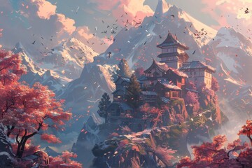 Serene Asian Mountain Temple with Cherry Blossoms