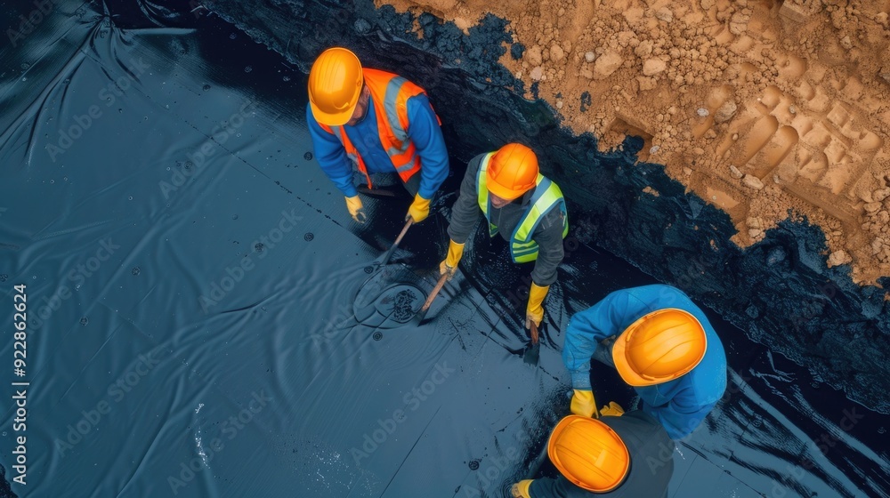 Poster a group of construction workers carefully applying protective layers and sealants to a building s fo