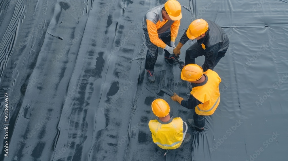 Poster construction workers in uniforms and hard hats applying protective waterproofing layers on a buildin
