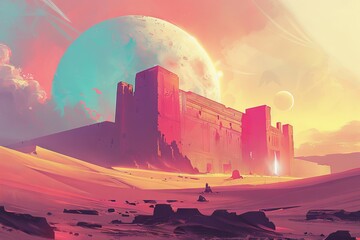Ethereal ruins bask in alien sunset.