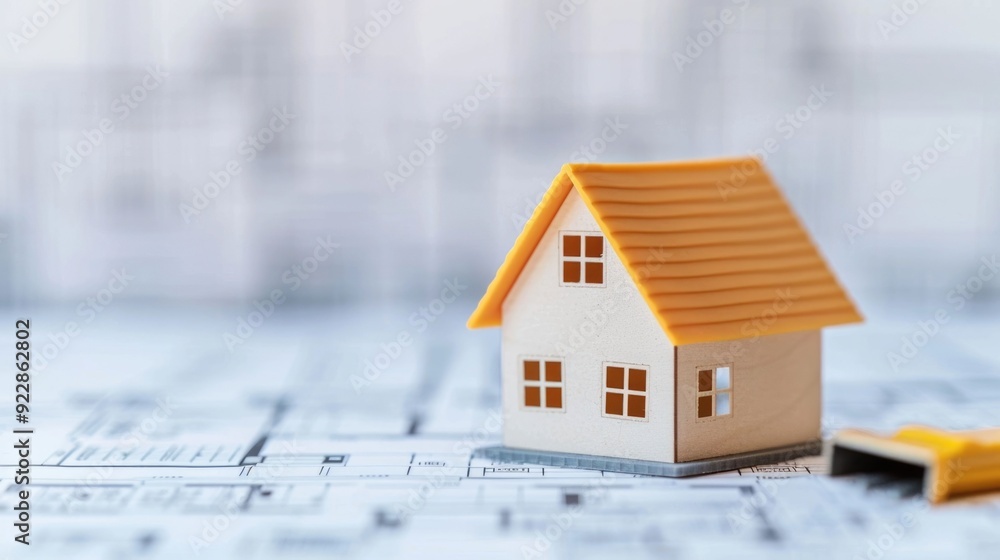 Poster close up of a small scale model house with building permits architectural plans and other constructi