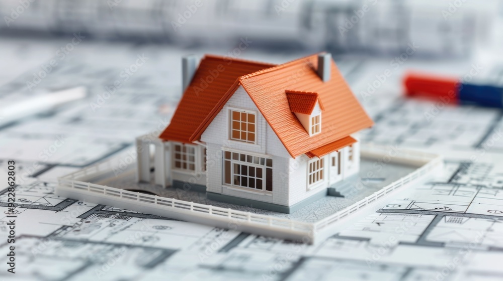 Poster detailed architectural model of a residential house with building permits blueprints and constructio