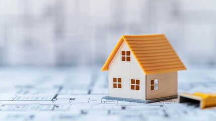 Close up of a small scale model house with building permits architectural plans and other construction and regulatory documents in focus against a blurred out of focus background