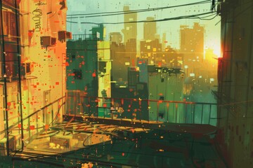 town in the morning scene