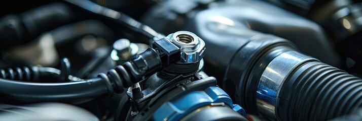 Installing a new knock sensor in a damaged engine, replacing a faulty electrical part, and troubleshooting engine problems in automotive repair and maintenance with selective focus.