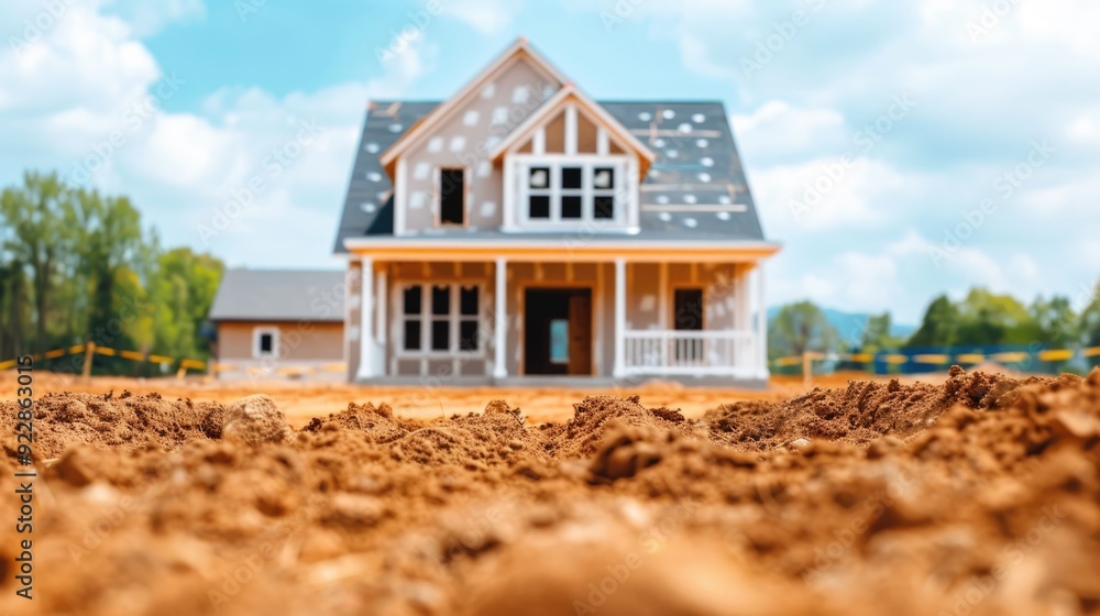 Poster residential home expansion project with builders extending house in deep depth of field showcasing s