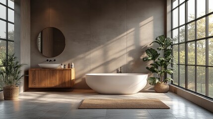 Fototapeta premium Modern Bathroom With A Wooden Bedside Cabinet, Minimalist Elegance