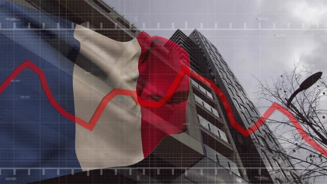 Red financial graph animation over French flag and modern building - Powered by Adobe