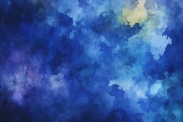 A vibrant abstract watercolor composition with predominant blue and purple hues, with hints of green and yellow.