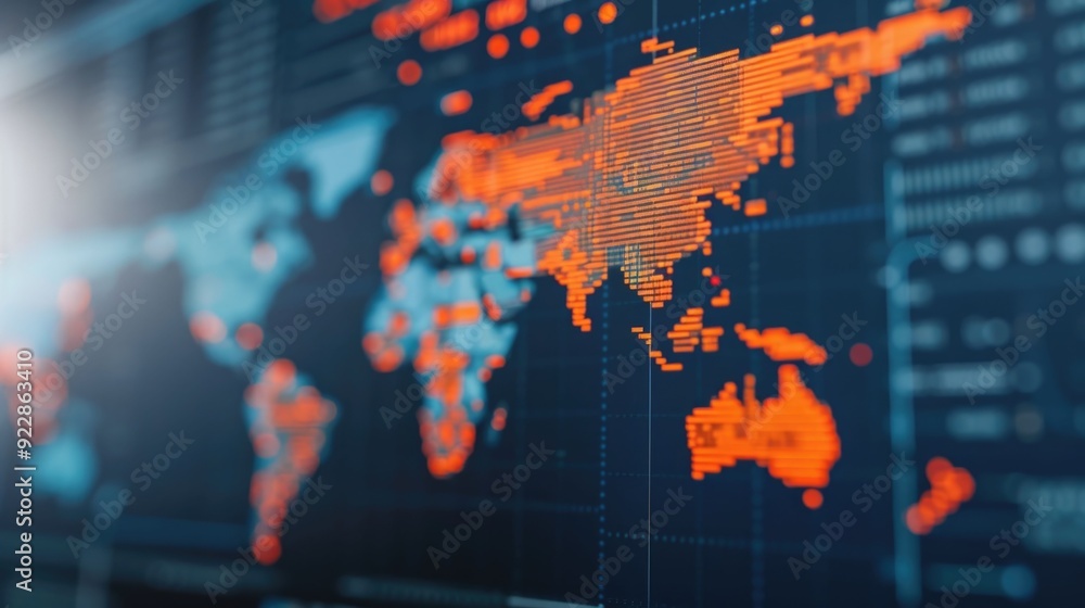 Poster conceptual showcasing global market expansion and business growth through digital map data analysis 