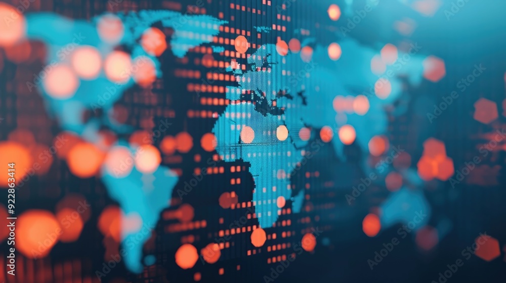 Poster conceptual of global market expansion with digital business icons data visualization and deep depth 