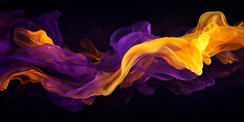 A composition of vivid, fluid shapes in intense shades of yellow and purple. The forms resemble swirling clouds of smoke or splashes of paint, seeming to float in space and create dynamic contrast.