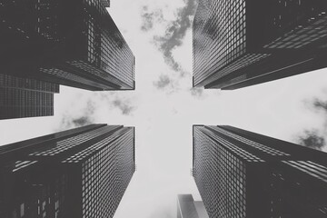 Fototapeta premium A dramatic upward view of skyscrapers against a cloudy sky, emphasizing urban architecture.