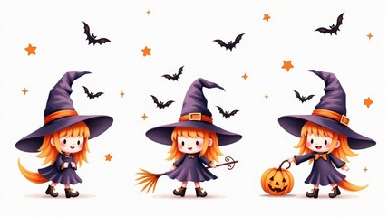 Adorable Halloween Witches Illustration with Pumpkins and Bats &acirc;&euro;&ldquo; Perfect for Kids' Holiday Decorations and Invitations