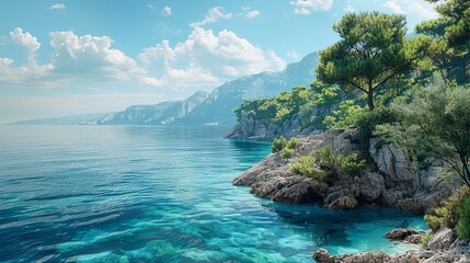 Fototapeta premium Azure Serenity: Rocky Shores of the Mediterranean in Fair Weather