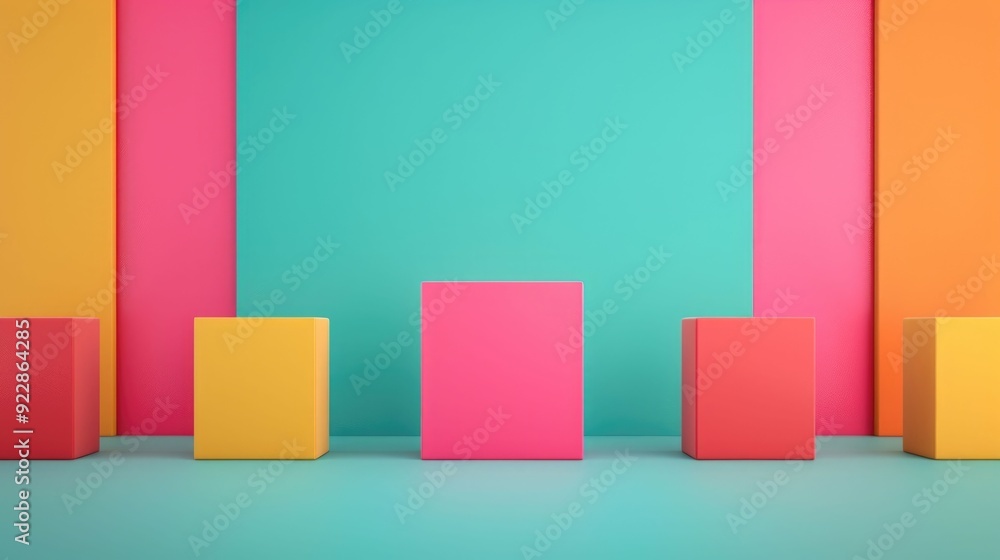 Poster vibrant minimalist compositions of 3d cubes shapes and geometric patterns in a clean professional st