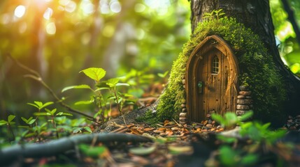 Little wooden fairy tale door in a tree trunk