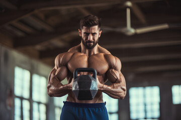 Muscular man exercising with kettlebell in gym. Weightlifting training. sports, fitness concept.