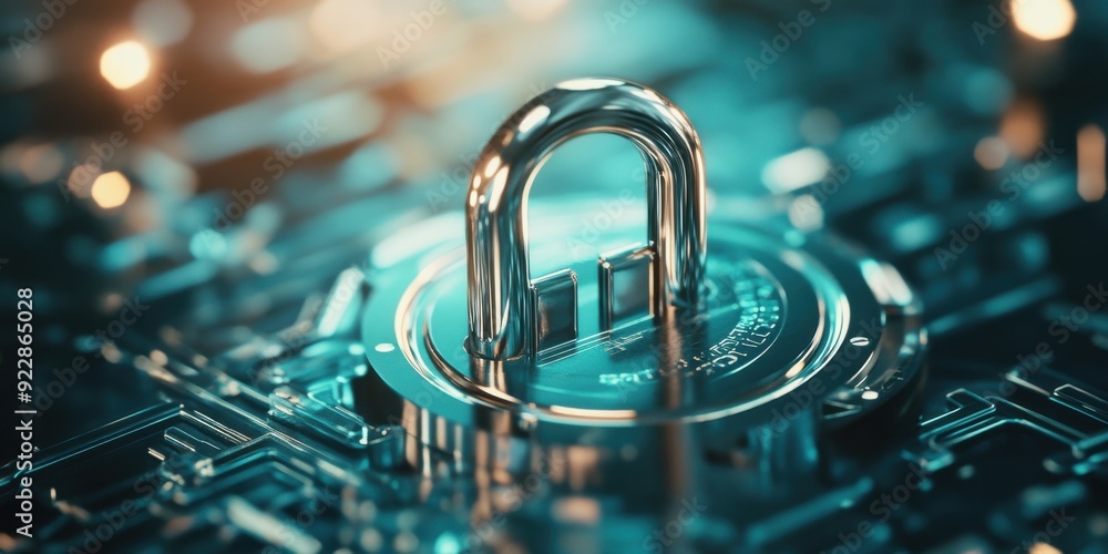 Poster close-up of a digital padlock on a circuit board, symbolizing cybersecurity and data protection in a