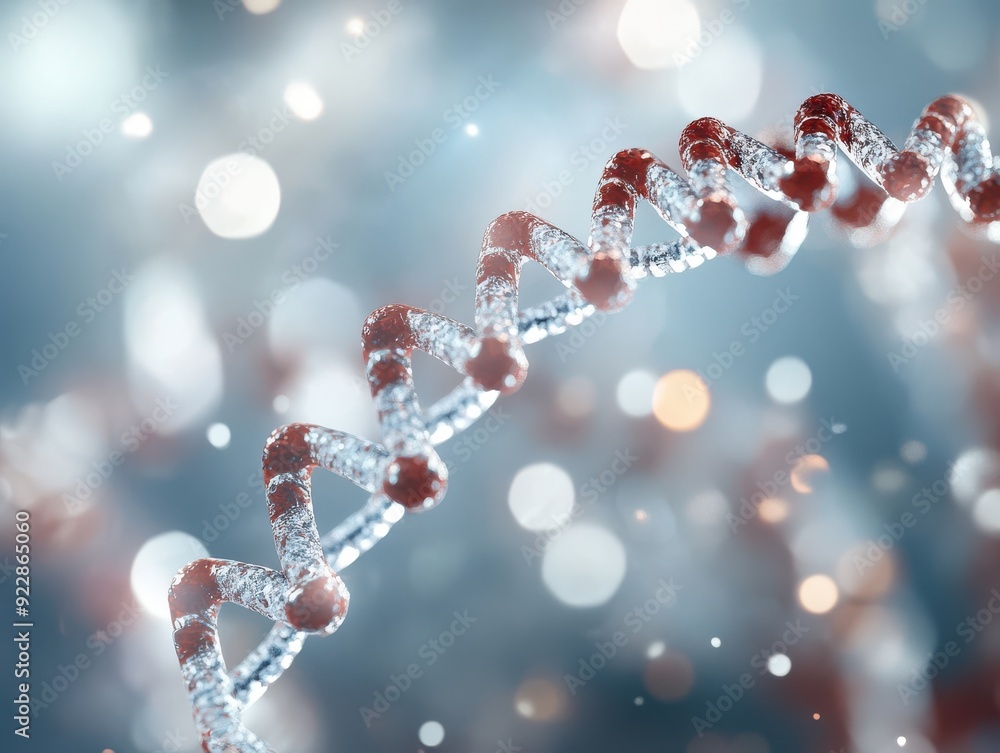 Poster close-up of a dna strand showcasing intricate molecular structures against a blurred bokeh backgroun