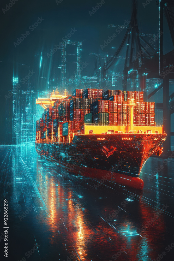 Poster blockchain integration, a holographic cargo ship floats mid-air, showcasing intricate containers lab