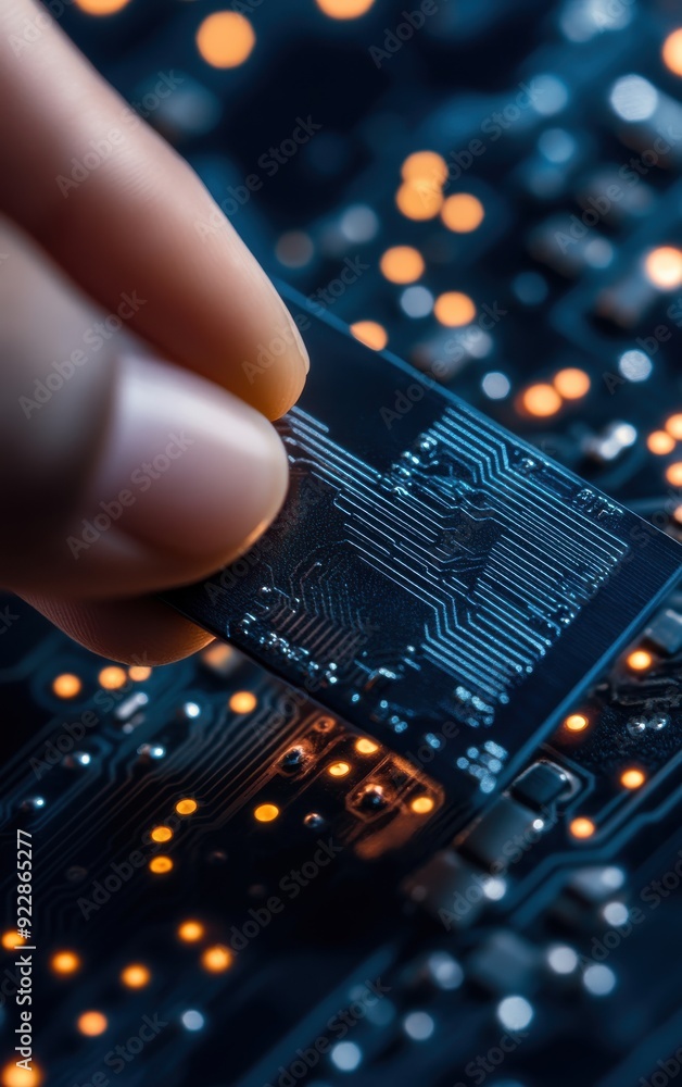 Poster close-up of a hand placing a microchip onto a circuit board with illuminated circuitry, showcasing t