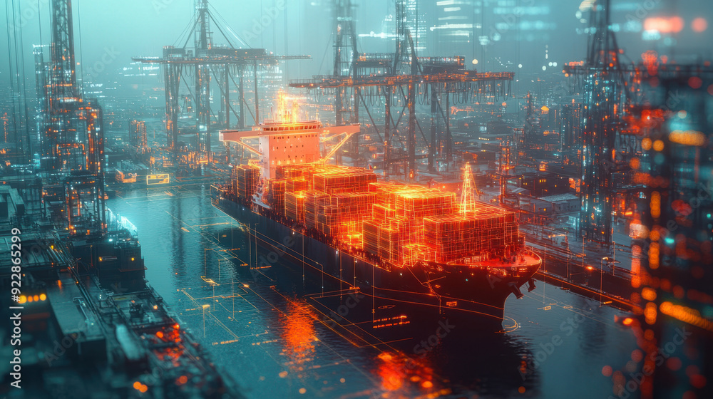Poster blockchain integration, in a cybernetic harbor, a 3d hologram of a cargo ship floats, supported by a