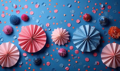 happy independence day usa banner mockup paper fans in american national colors,confetti stars usa presidents day american labor day memorial day concept.
