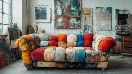 Environmental Friendly Sofa,  Innovative sofa built from eco-friendly recycled fabrics and materials, set in a bright, airy studio with vibrant art pieces. The scene captures a