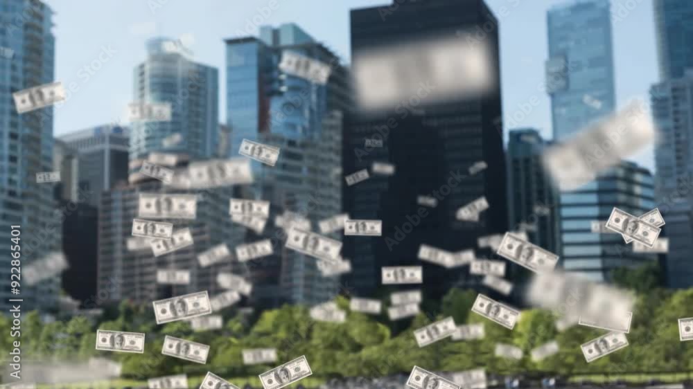 Poster dollar bills floating animation over cityscape with skyscrapers and trees