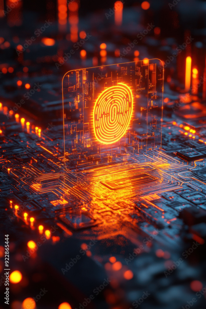 Poster digital fingerprint, set in a futuristic lab, a holographic representation of a fingerprint icon hov