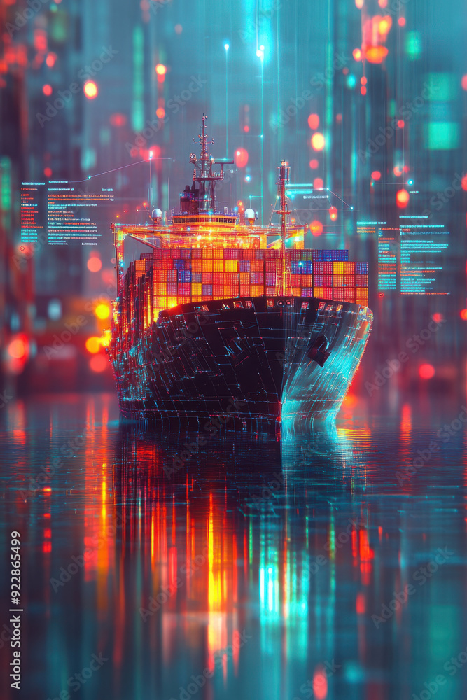 Poster blockchain integration, in a vibrant digital landscape, a hologram of a cargo ship is featured promi