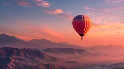 A hot air balloon soaring over serene mountains at sunset, showcasing nature's beauty.