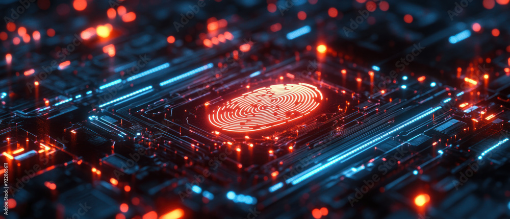 Poster digital fingerprint, set in a futuristic lab, a holographic representation of a fingerprint icon hov