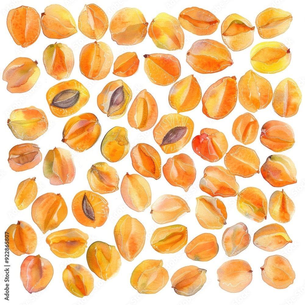 Wall mural A collection of orange watercolor illustrations resembling fruits or seeds.