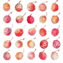 A collection of colorful, spiky fruits arranged in a grid pattern.