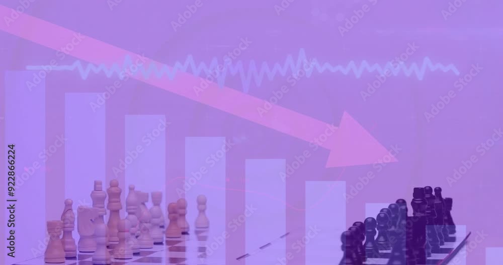 Poster chess pieces on board with declining bar graph and arrow animation