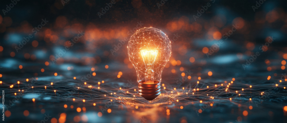 Poster bright innovation, a solitary light bulb emits a bright glow in the center of a vast web of digital 