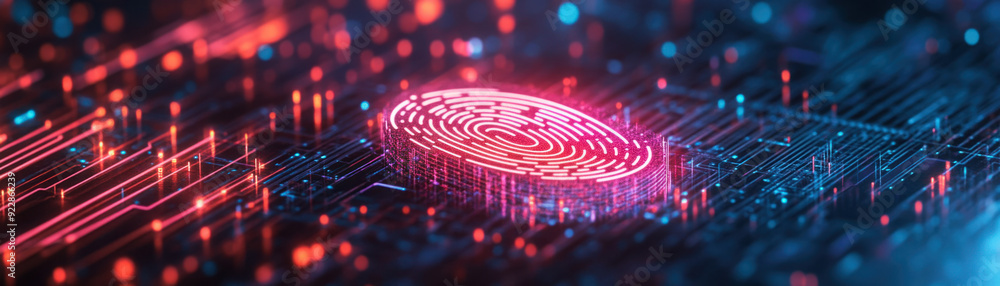 Poster digital fingerprint, set in a futuristic lab, a holographic representation of a fingerprint icon hov