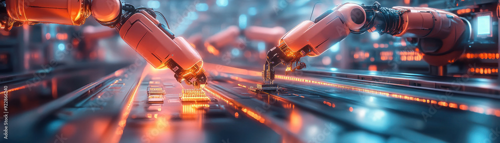 Poster blockchain integration, holographic robot arms meticulously assembling microchips in a high-tech fac