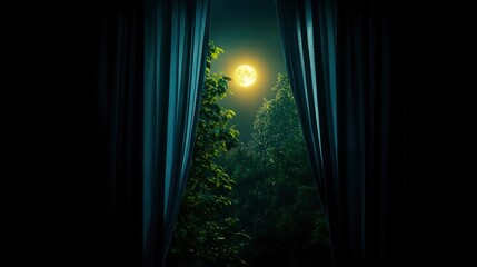 Fototapeta premium Full Moon Shining Through A Window, A Summer Night Of Dreams And Magic
