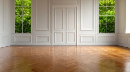 Fototapeta premium Front View Of An Empty Room With White Walls, Baseboards, And Wooden Parquet Floor
