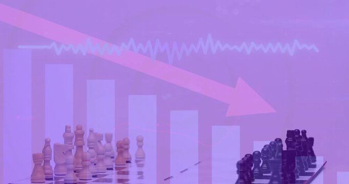 Chess pieces on board with declining bar graph and arrow animation