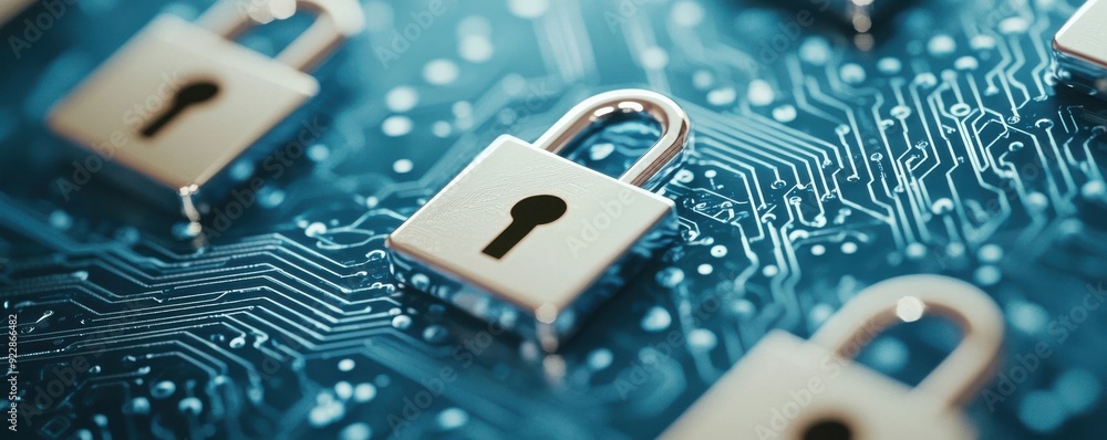 Poster close-up of digital locks on a circuit board, symbolizing cybersecurity and data protection in a tec