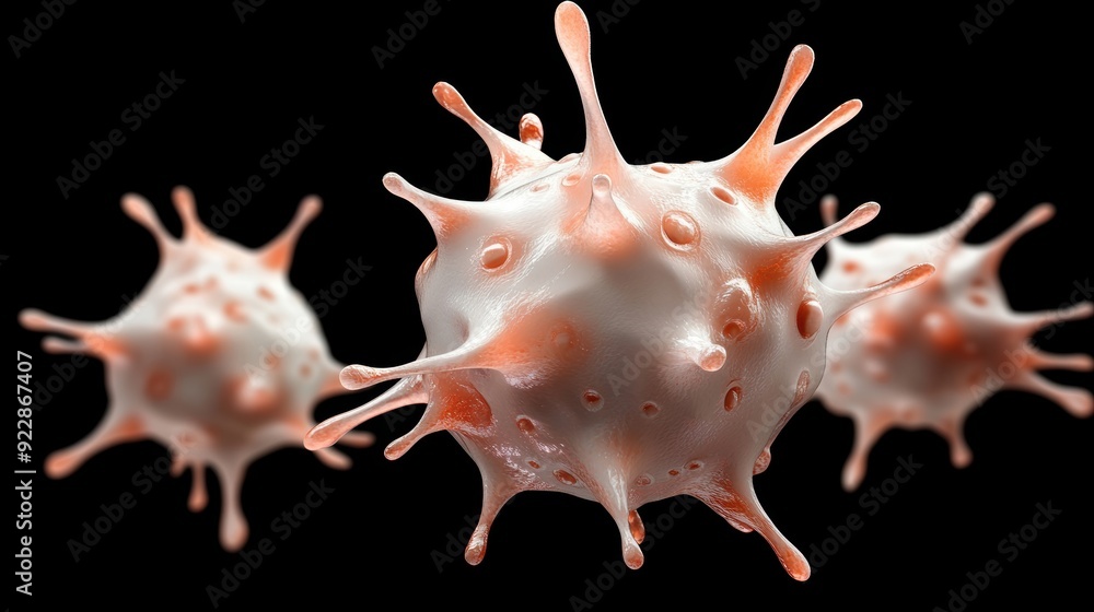 Poster a detailed observation of virus cells with distinct surface textures and shapes under microscopic ex