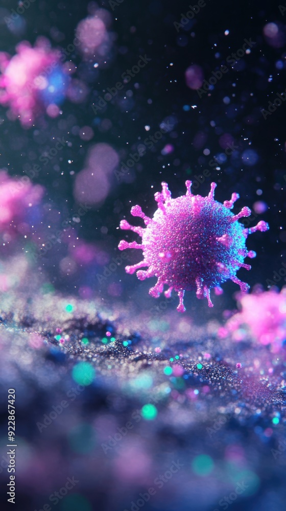 Aufkleber colorful virus particles suspended in a dark, blurred background create a captivating microscopic vi