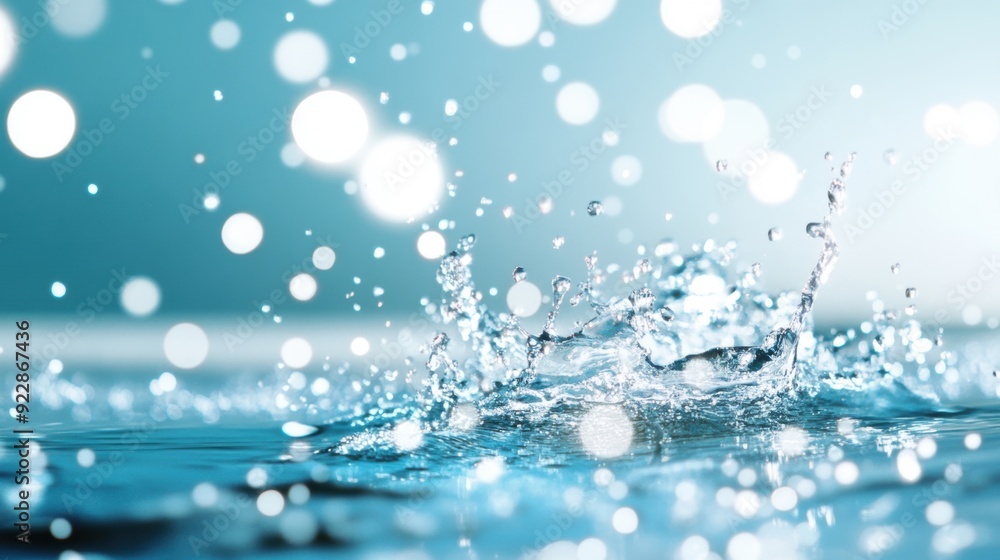 Poster water droplets create ripples and splashes against a calming blue backdrop illuminated by a gentle g