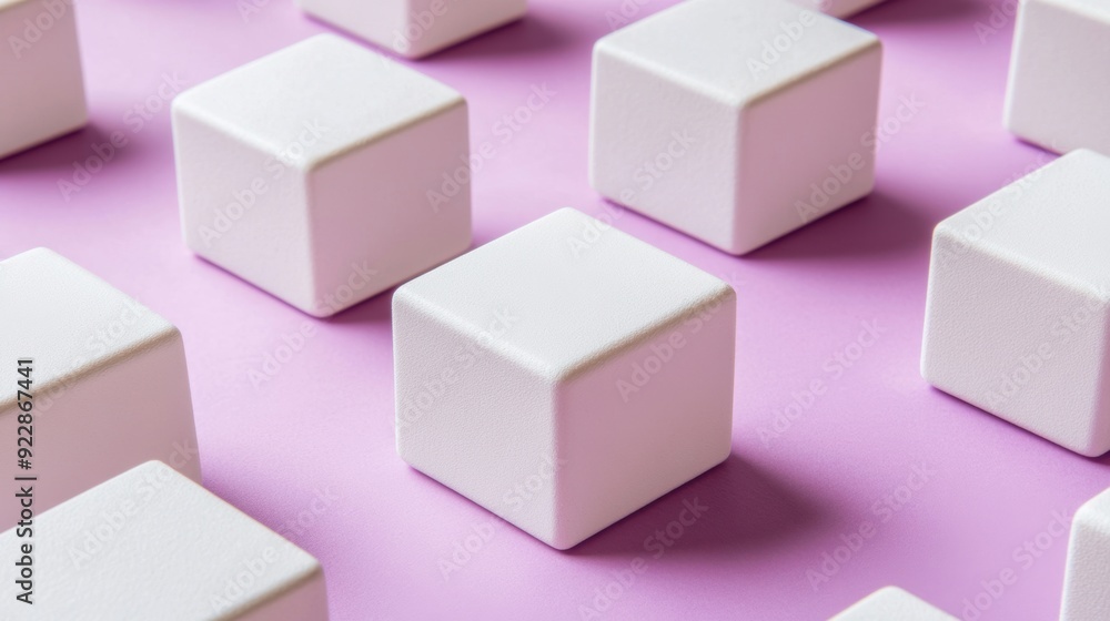 Poster white cubes are neatly arranged on a soft lavender background, creating a clean and minimalist aesth