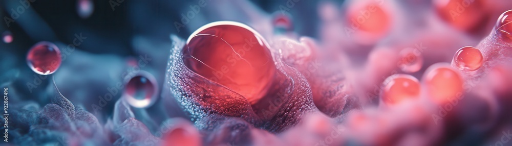 Poster close-up view of a cell with vibrant colors, showcasing biological structures and a dynamic, abstrac