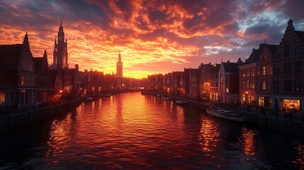 A beautiful serene of city skyline with a luxury sunset on the river, AI generated
